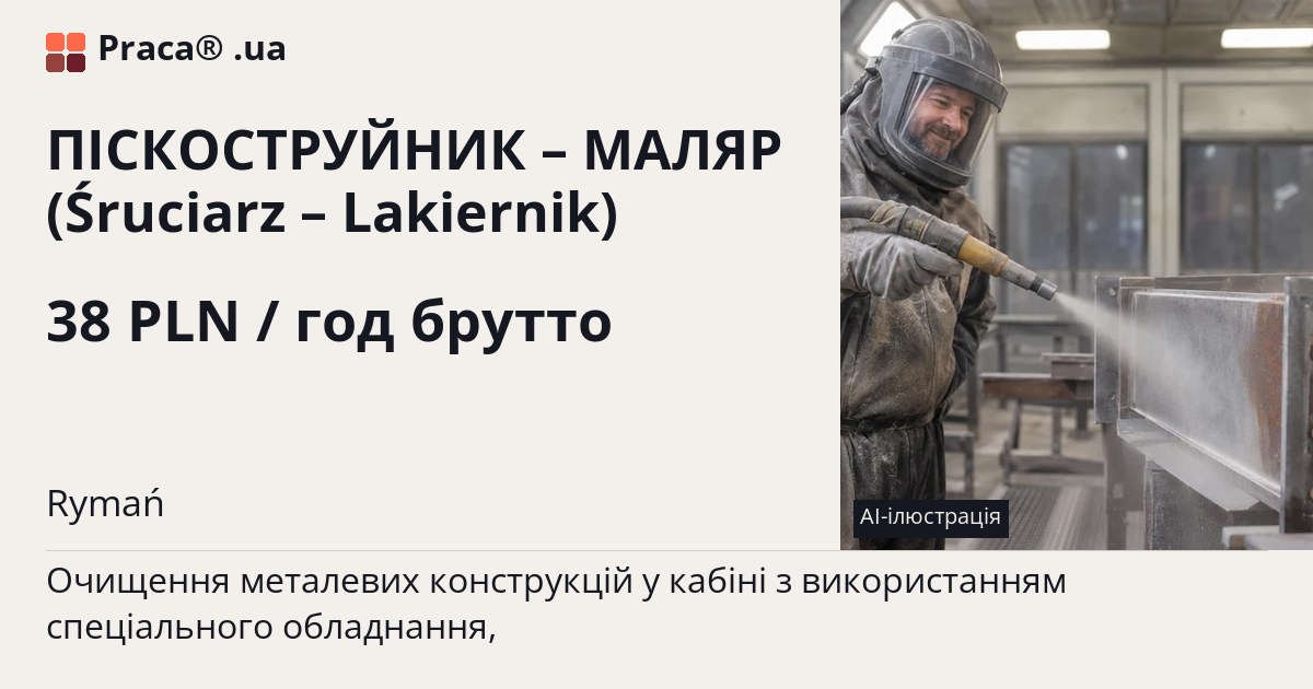 ПІСКОСТРУЙНИК – МАЛЯР (Śruciarz – Lakiernik). 38 PLN / год брутто. . Житло надається, Уточнюйте у менеджера