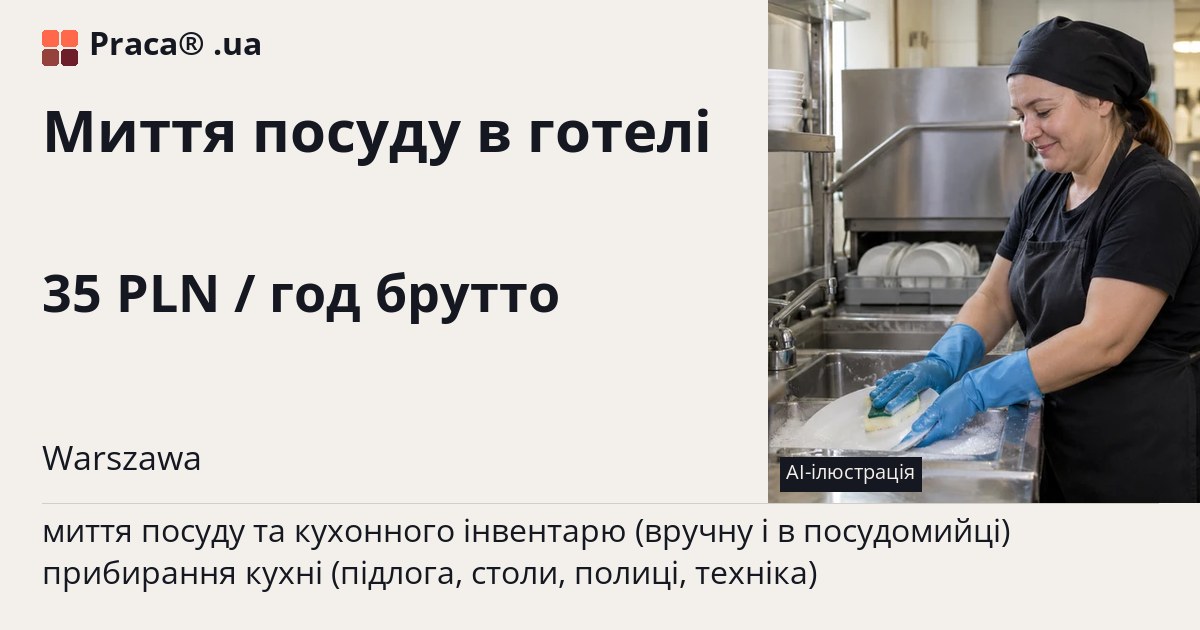 Миття посуду в готелі. 35 PLN / год брутто. . Уточнюйте у менеджера