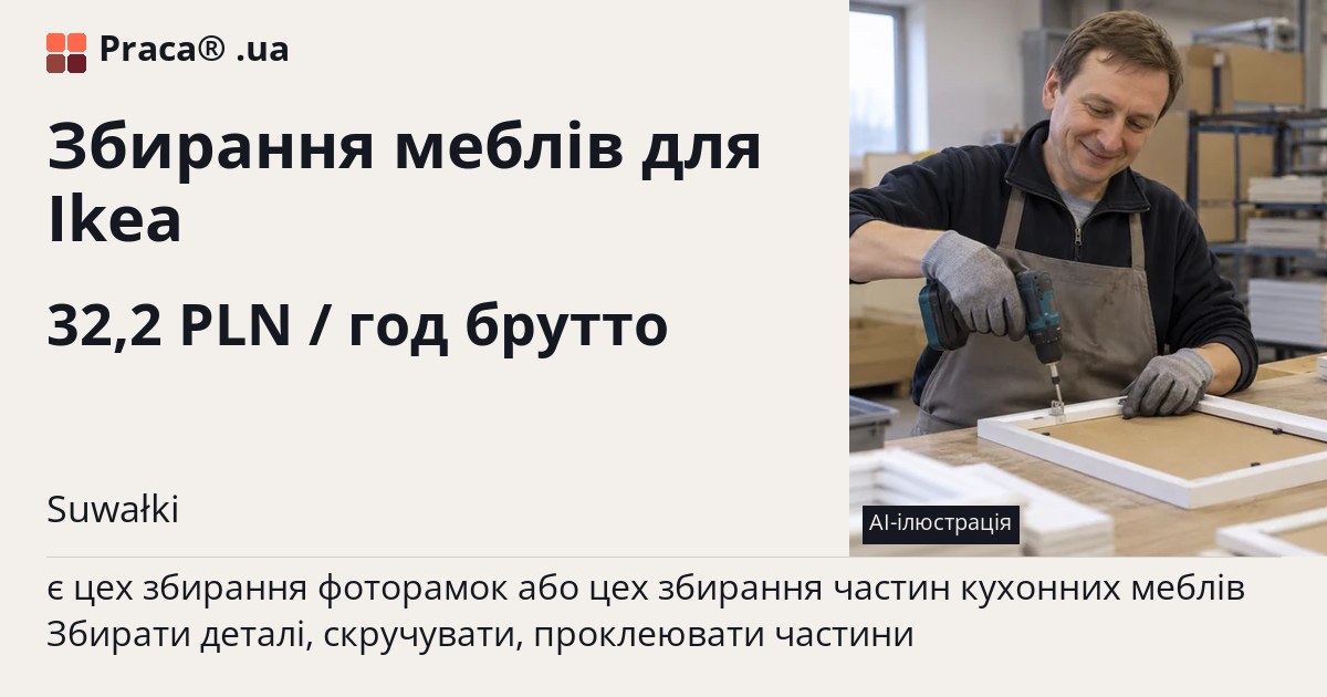 Збирання меблів для Ikea. 32,2 PLN / год брутто. . Житло надається, Уточнюйте у менеджера