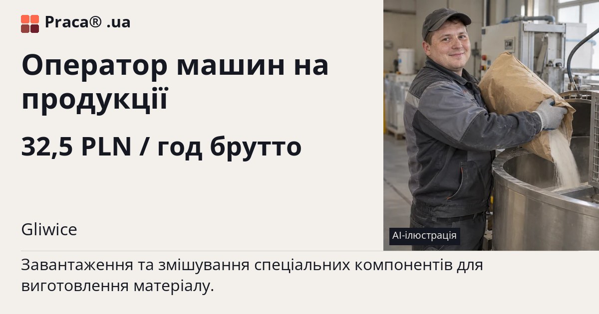 Оператор машин на продукції. 32,5 PLN / год брутто. . Житло надається, Договір доручення (umowa zlecenie)