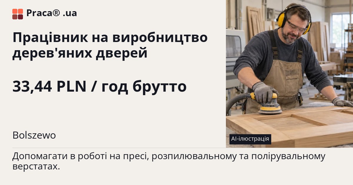 Працівник на виробництво дерев'яних дверей. 33,44 PLN / год брутто. . Житло надається, Уточнюйте у менеджера