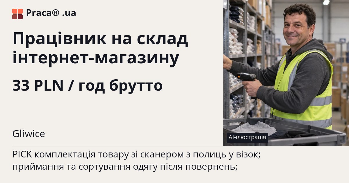 Працівник на склад інтернет-магазину. 33 PLN / год брутто. . Житло надається, Договір доручення (umowa zlecenie)
