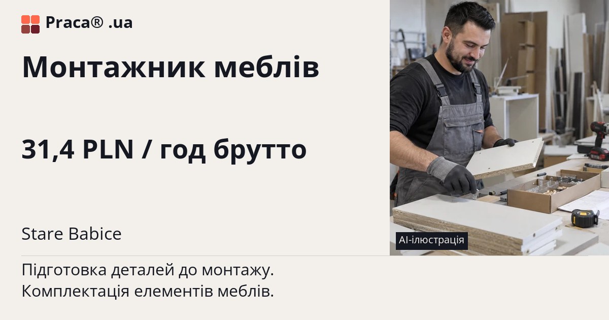 Монтажник меблів. 31,4 PLN / год брутто. . Уточнюйте у менеджера