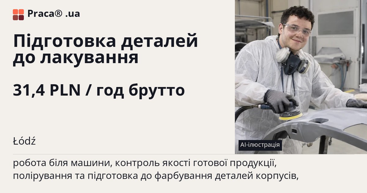 Підготовка деталей до лакування. 31,4 PLN / год брутто. . Уточнюйте у менеджера