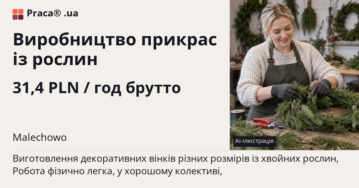 Виробництво прикрас із рослин. 31,4 PLN / год брутто. . Житло надається, Уточнюйте у менеджера
