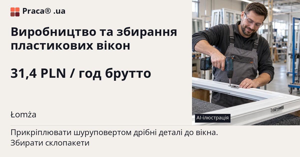 Виробництво та збирання пластикових вікон. 31,4 PLN / год брутто. . Житло надається, Уточнюйте у менеджера