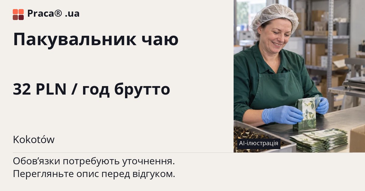 Пакувальник чаю. 32 PLN / год брутто. . Уточнюйте у менеджера