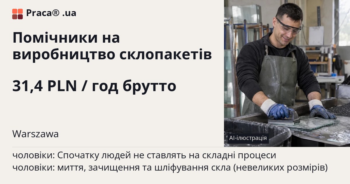 Помічники на виробництво склопакетів. 31,4 PLN / год брутто. . Уточнюйте у менеджера