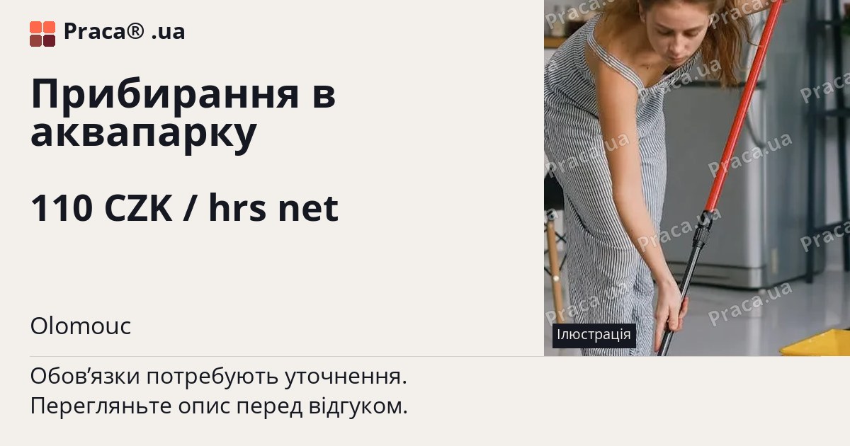 Прибирання в аквапарку. 110 CZK / hrs net. Olomouc