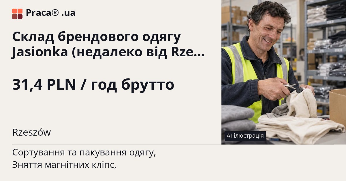 Склад брендового одягу Jasionka (недалеко від Rzeszów).. 31,4 PLN / год брутто. . Житло надається, Уточнюйте у менеджера