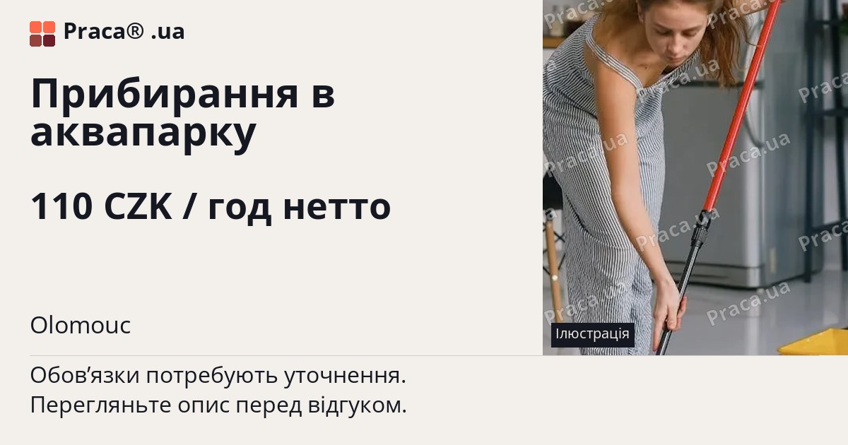 Прибирання в аквапарку. 110 CZK / год нетто. Olomouc