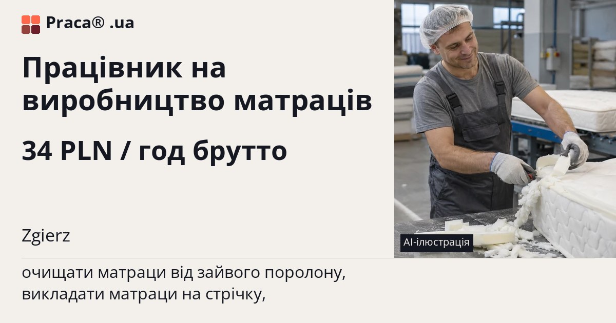 Працівник на виробництво матраців. 34 PLN / год брутто. . Житло надається, Уточнюйте у менеджера