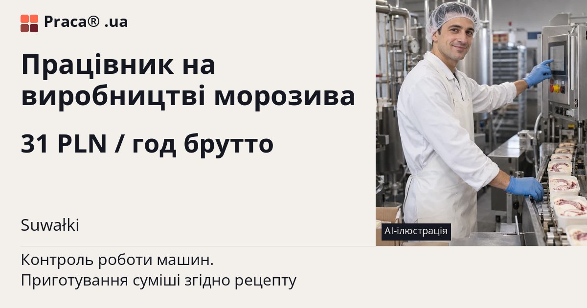 Працівник на виробництві морозива. 31 PLN / год брутто. . Уточнюйте у менеджера