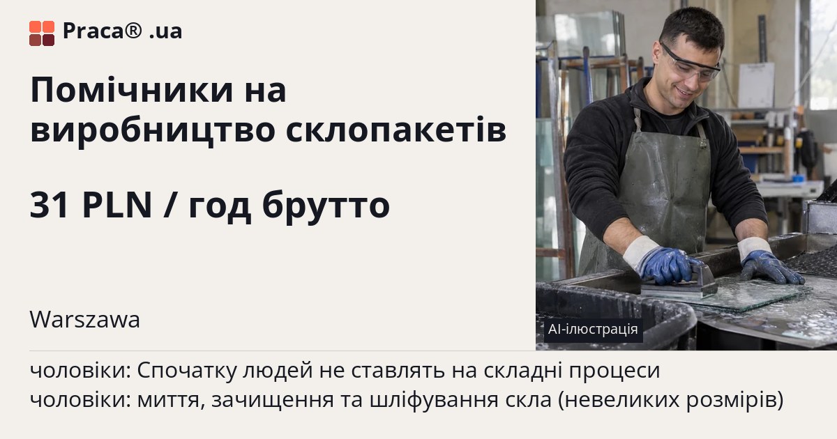 Помічники на виробництво склопакетів. 31 PLN / год брутто. . Уточнюйте у менеджера