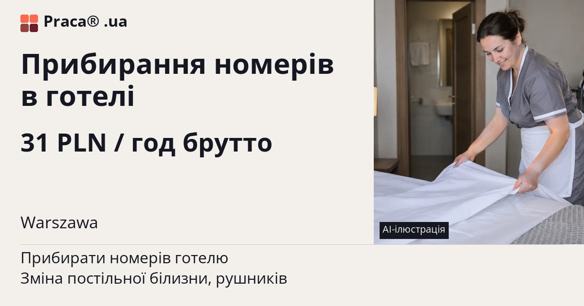Прибирання номерів в готелі. 31 PLN / год брутто. . Уточнюйте у менеджера