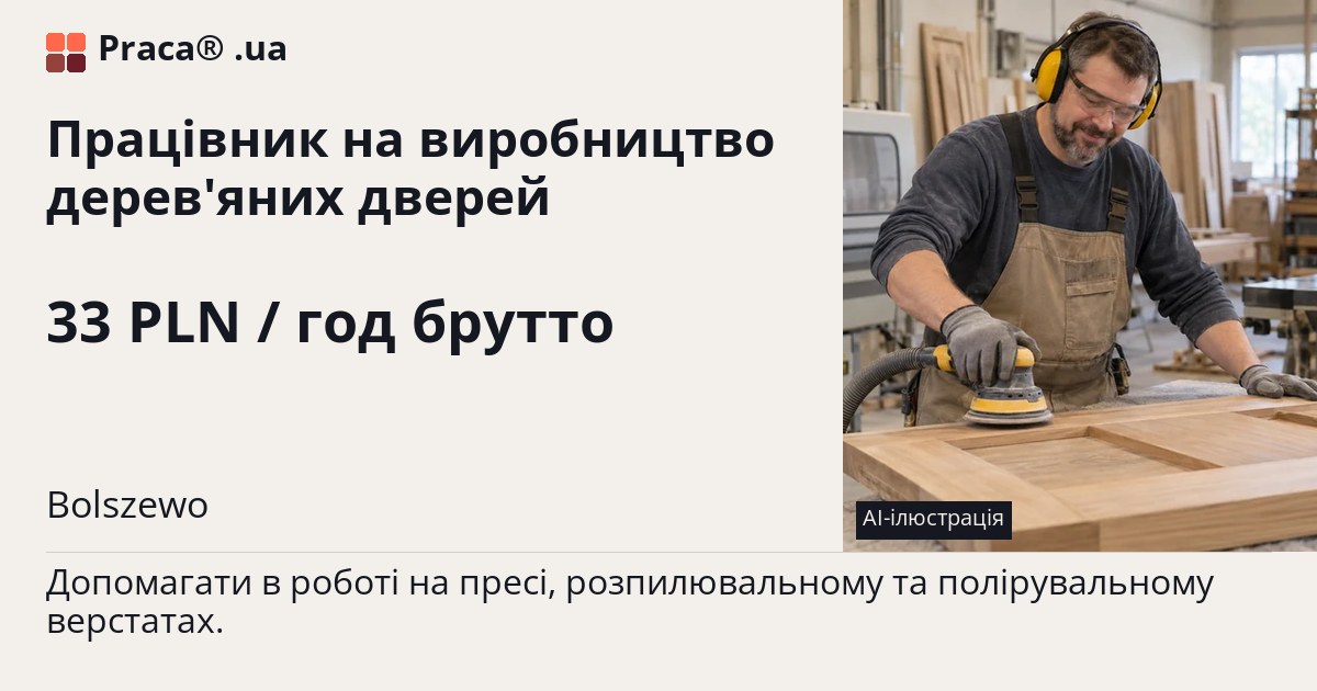 Працівник на виробництво дерев'яних дверей. 33 PLN / год брутто. . Житло надається, Уточнюйте у менеджера