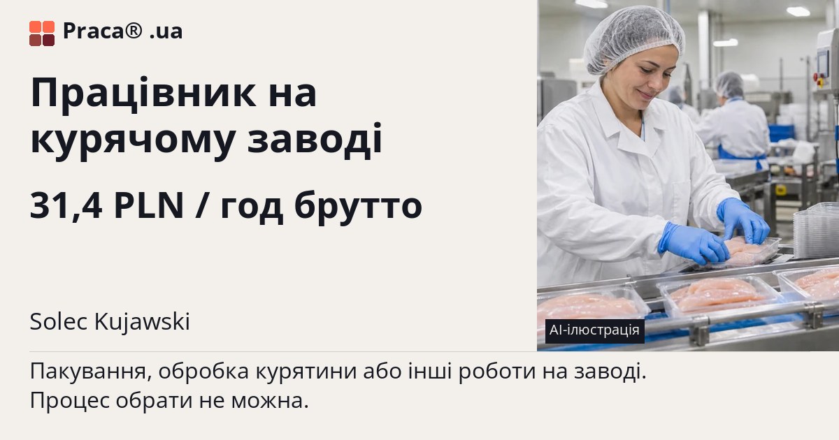 Працівник на курячому заводі. 31,4 PLN / год брутто. . Житло надається, Уточнюйте у менеджера