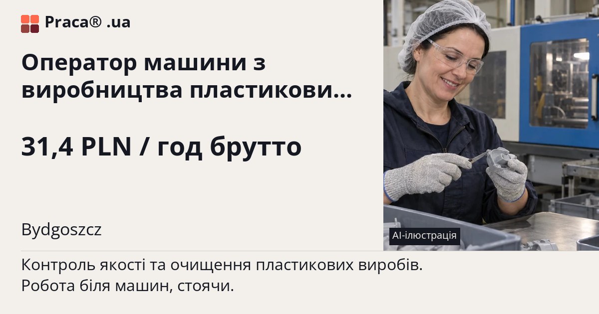 Оператор машини з виробництва пластикових виробів. 31,4 PLN / год брутто. . Житло надається, Уточнюйте у менеджера