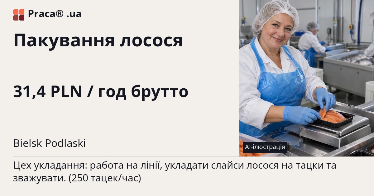 Пакування лосося. 31,4 PLN / год брутто. . Житло надається, Уточнюйте у менеджера