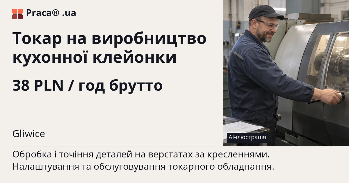 Токар на виробництво кухонної клейонки. 38 PLN / год брутто. . Житло надається, Umowa zlecenie