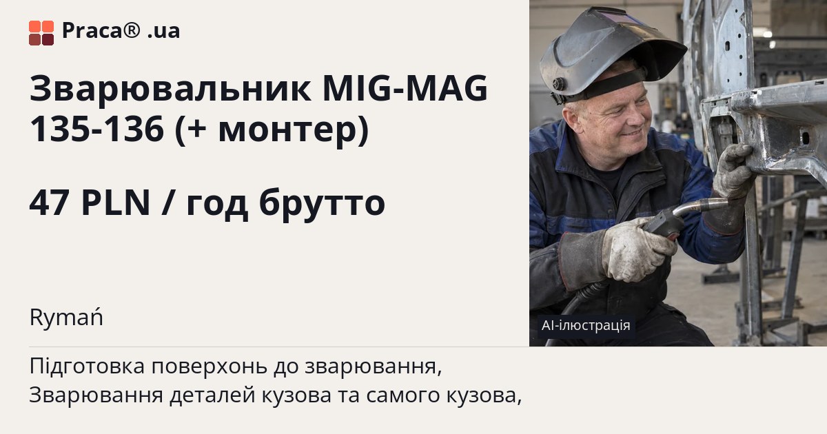 Зварювальник MIG-MAG 135-136 (+ монтер). 47 PLN / год брутто. . Житло надається, Уточнюйте у менеджера