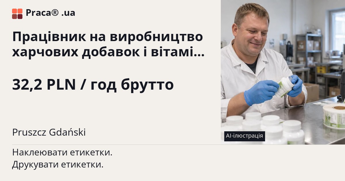 Працівник на виробництво харчових добавок і вітамінів. 32,2 PLN / год брутто. . Уточнюйте у менеджера
