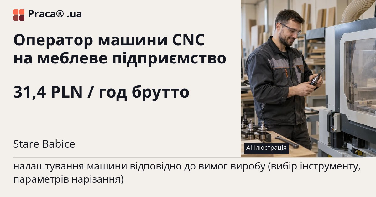 Оператор машини CNC на меблеве підприємство. 31,4 PLN / год брутто. . Уточнюйте у менеджера