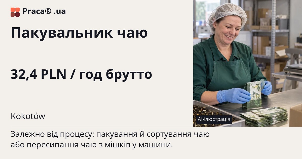 Пакувальник чаю. 32,4 PLN / год брутто. . Уточнюйте у менеджера