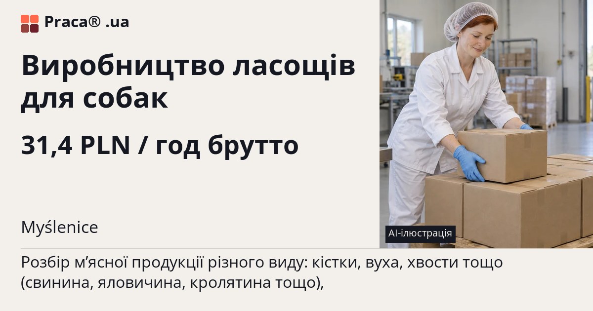 Виробництво ласощів для собак. 31,4 PLN / год брутто. . Житло надається, Уточнюйте у менеджера
