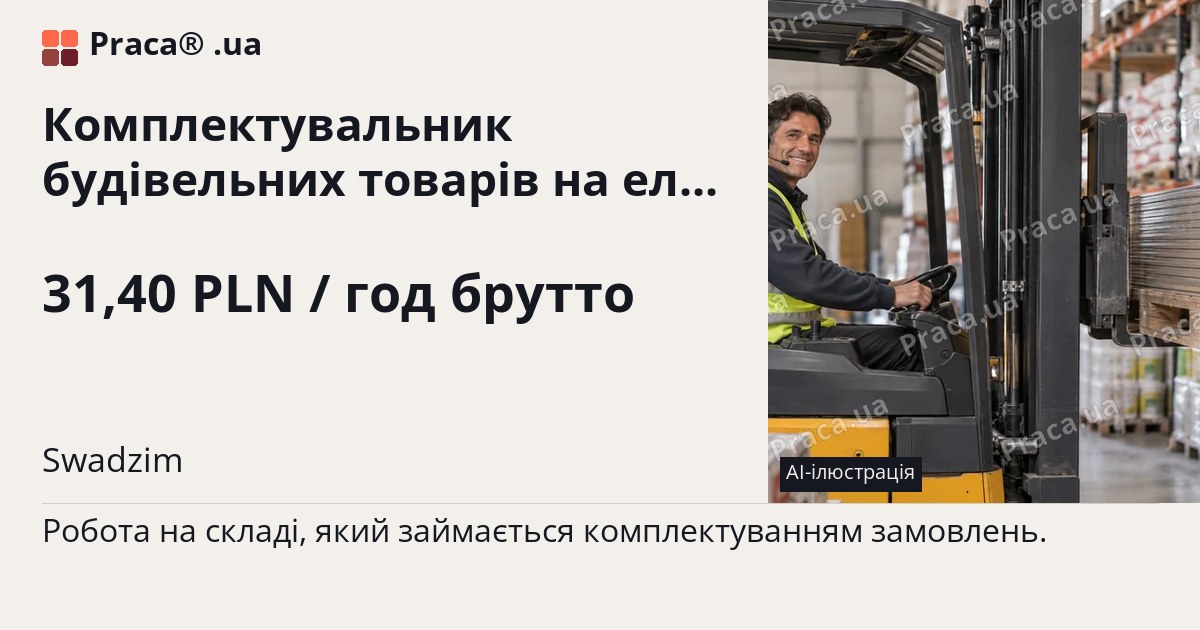 Комплектувальник будівельних товарів на електронавантажувачі. 31,40 PLN / год брутто. Swadzim