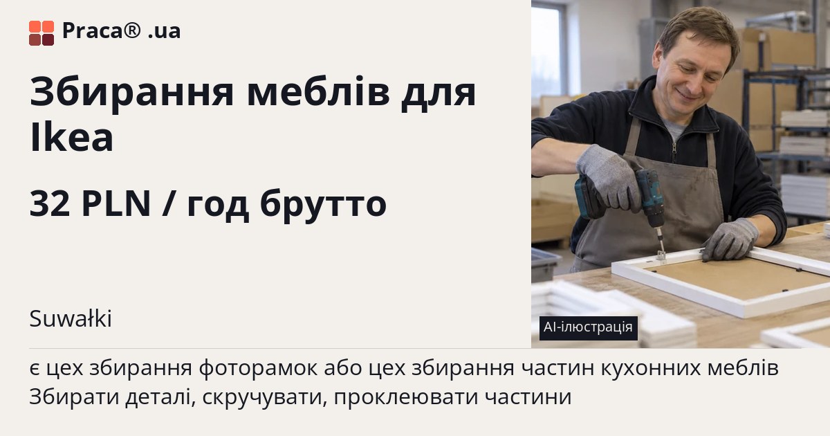 Збирання меблів для Ikea. 32 PLN / год брутто. . Житло надається, Уточнюйте у менеджера