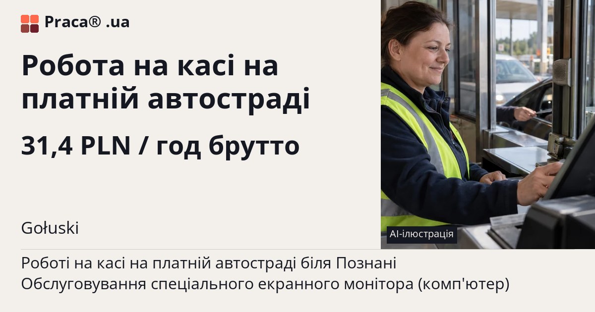 Робота на касі на платній автостраді. 31,4 PLN / год брутто. . Житло надається, Уточнюйте у менеджера