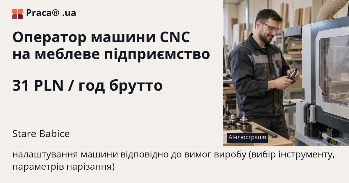 Оператор машини CNC на меблеве підприємство. 31 PLN / год брутто. . Уточнюйте у менеджера