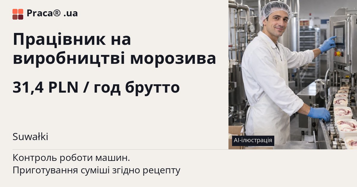 Працівник на виробництві морозива. 31,4 PLN / год брутто. . Уточнюйте у менеджера