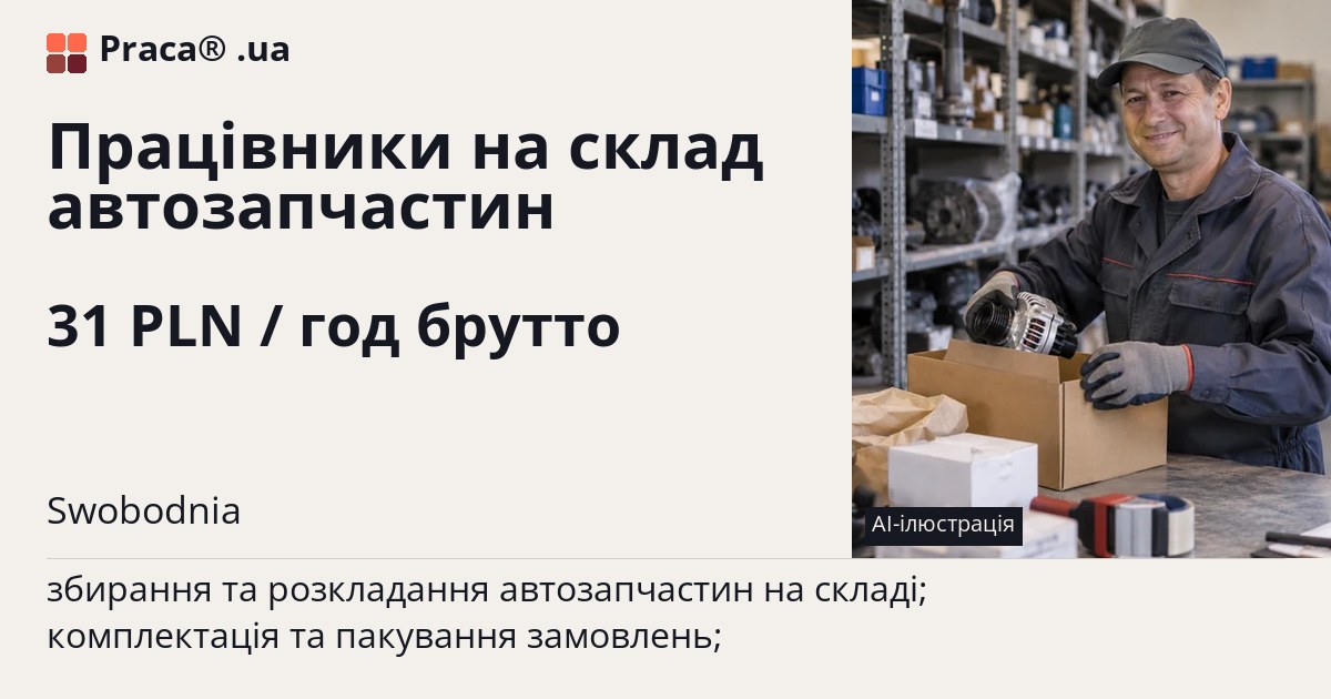 Працівники на склад автозапчастин. 31 PLN / год брутто. . Житло надається, Договір доручення (umowa zlecenie)