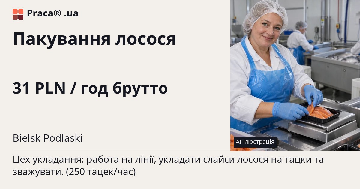 Пакування лосося. 31 PLN / год брутто. . Житло надається, Уточнюйте у менеджера