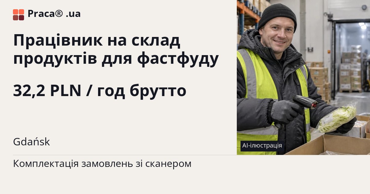 Працівник на склад продуктів для фастфуду. 32,2 PLN / год брутто. . Договір доручення (umowa zlecenie)