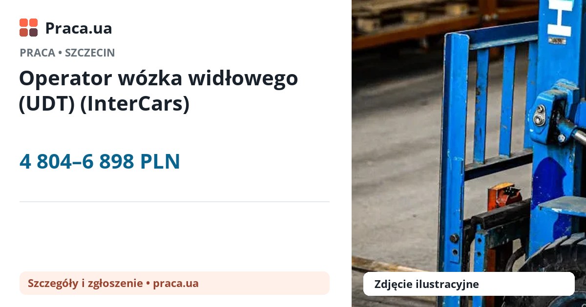 Operator wózka widłowego (UDT) (InterCars). 4 804–6 898 PLN. . 