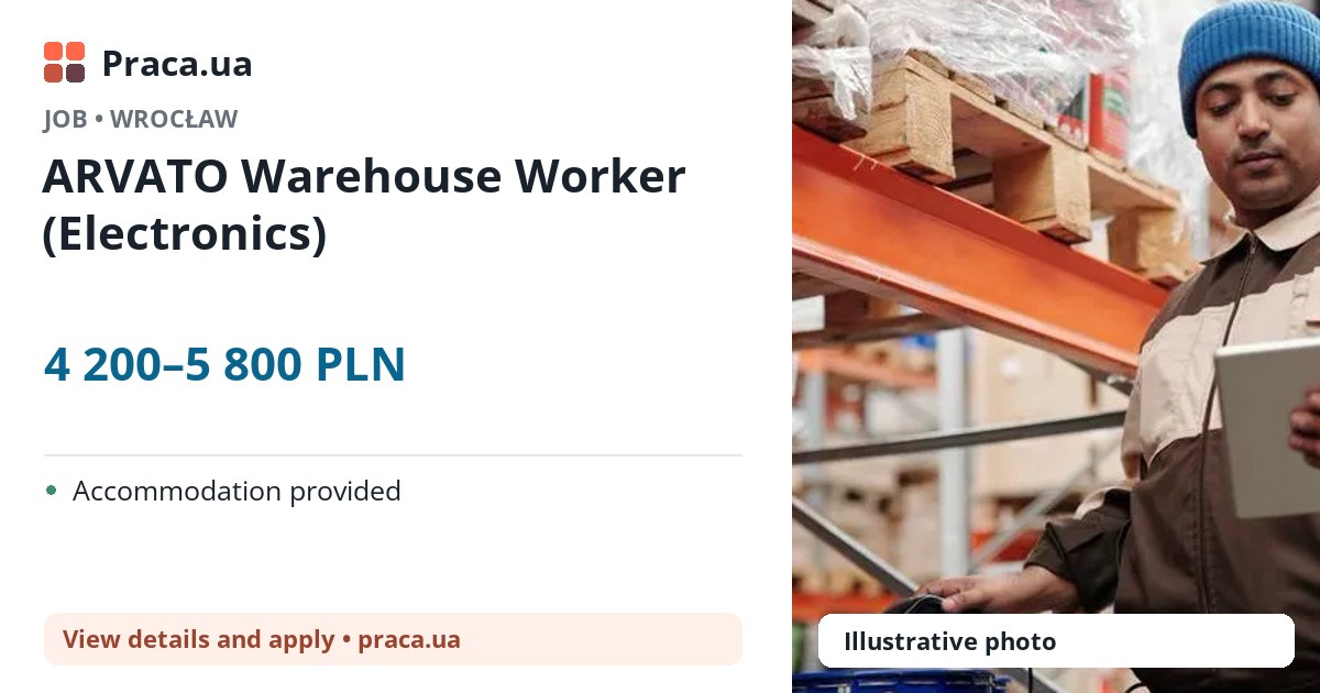 ARVATO Warehouse Worker (Electronics). 4 200–5 800 PLN. . Accommodation provided