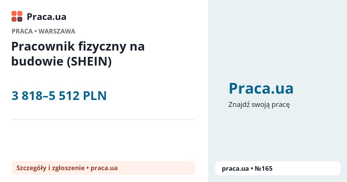 Pracownik fizyczny na budowie (SHEIN). 3 818–5 512 PLN. . 