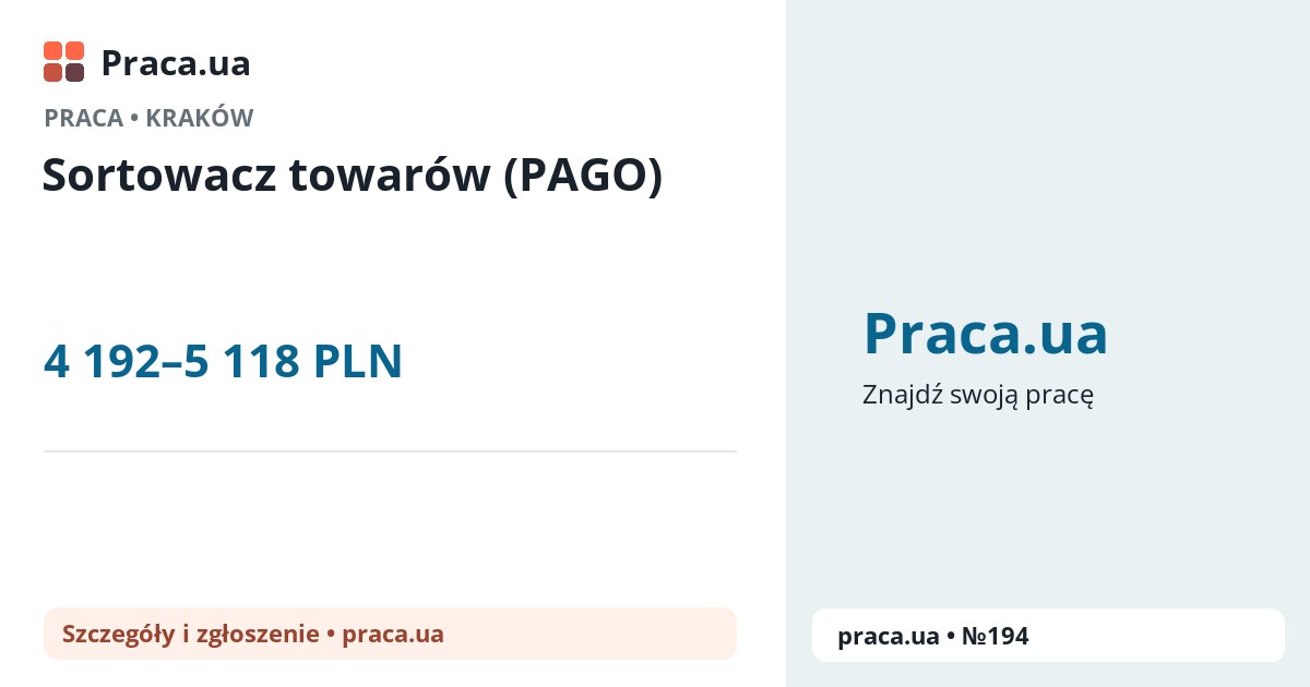 Sortowacz towarów (PAGO). 4 192–5 118 PLN. . 