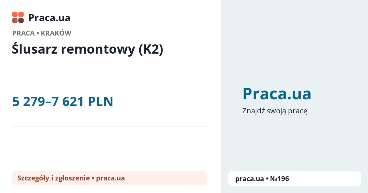 Ślusarz remontowy (K2). 5 279–7 621 PLN. . 