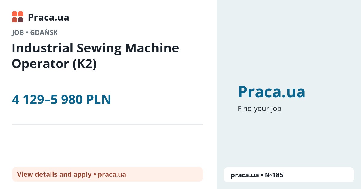 Industrial Sewing Machine Operator (K2). 4 129–5 980 PLN. . 