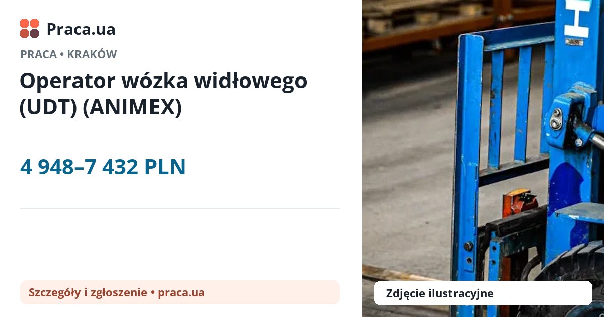 Operator wózka widłowego (UDT) (ANIMEX). 4 948–7 432 PLN. . 